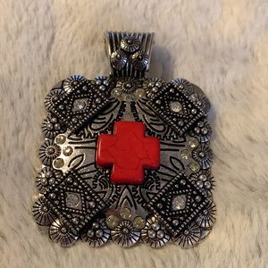 Silver buckle pendant with Red stone Cross
